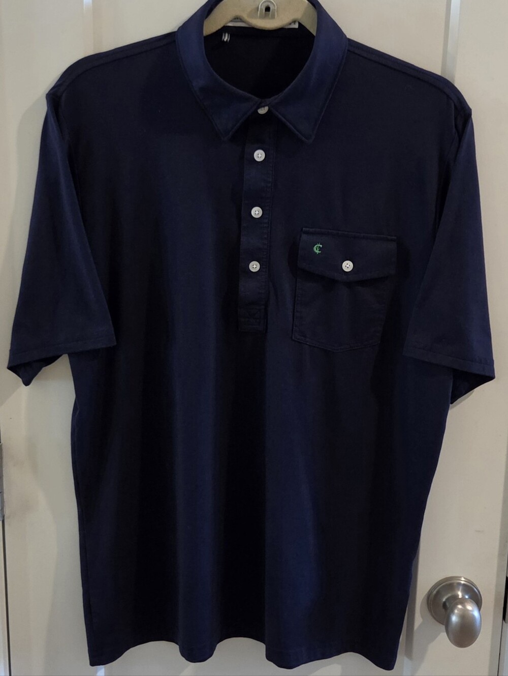 Criquet Performamce Players Golf Polo Shirt - Navy & Green Logo - Size Medium